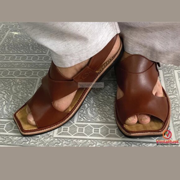 Brown Leather Peshawari Sandals, Men’s Handmade Peshawari Sandals, Comfortable - Picture 2 of 7